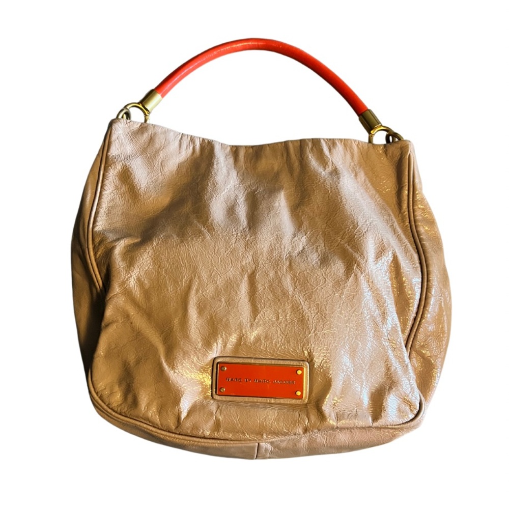 Marc by Marc Jacobs Leather Hobo Bag – Beige with Orange-Red Handle